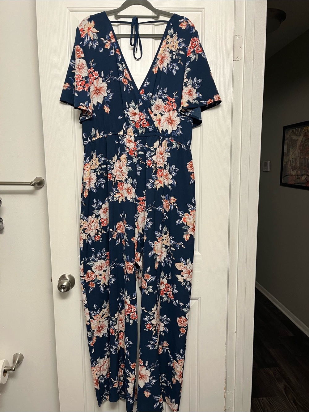 Xhilaration Navy Floral Wrap Jumpsuit with Tie Back - Picture 2 of 2